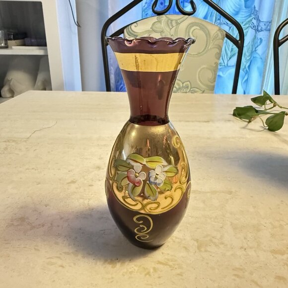 Bohemian Amethyst Purple Glass Vase With Enamel Flowers & 24K Gold - Picture 3 of 5